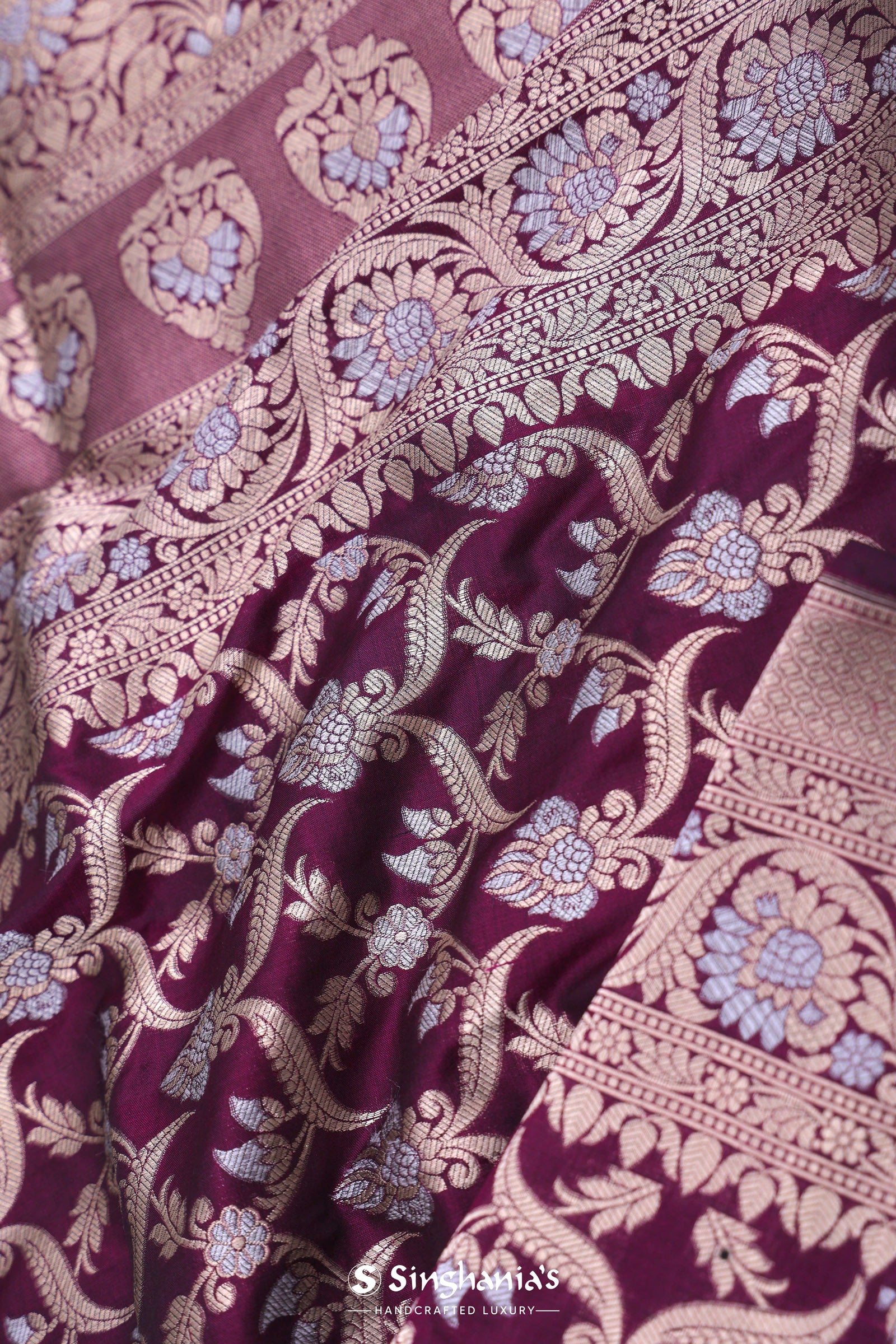 Blackberry Banarasi Saree With Leaf Jaal