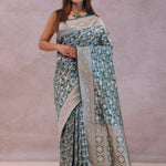 Bottle Green Banarasi Silk Saree With Elephant And Leaf Motifs