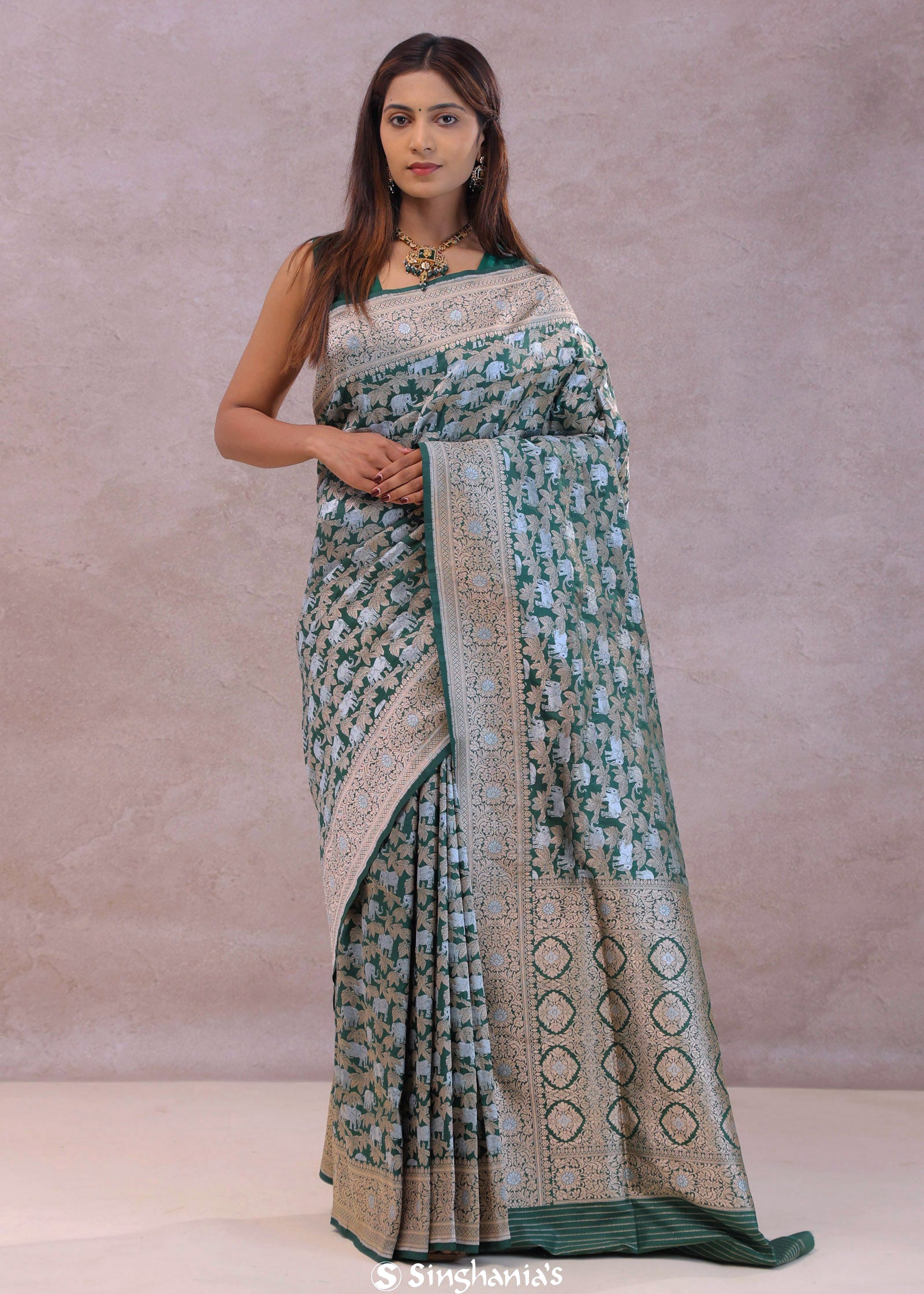 Bottle Green Banarasi Silk Saree With Elephant And Leaf Motifs