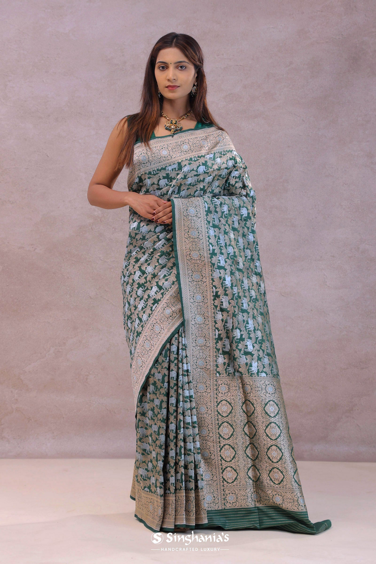 Bottle Green Banarasi Silk Saree With Elephant And Leaf Motifs