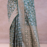 Bottle Green Banarasi Silk Saree With Elephant And Leaf Motifs