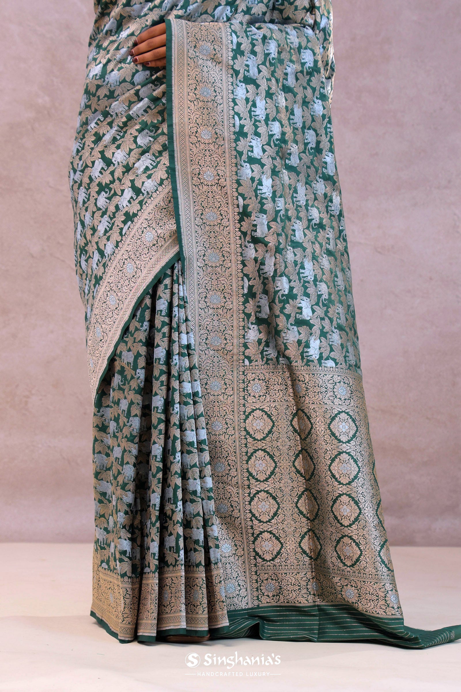 Bottle Green Banarasi Silk Saree With Elephant And Leaf Motifs