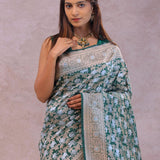 Bottle Green Banarasi Silk Saree With Elephant And Leaf Motifs