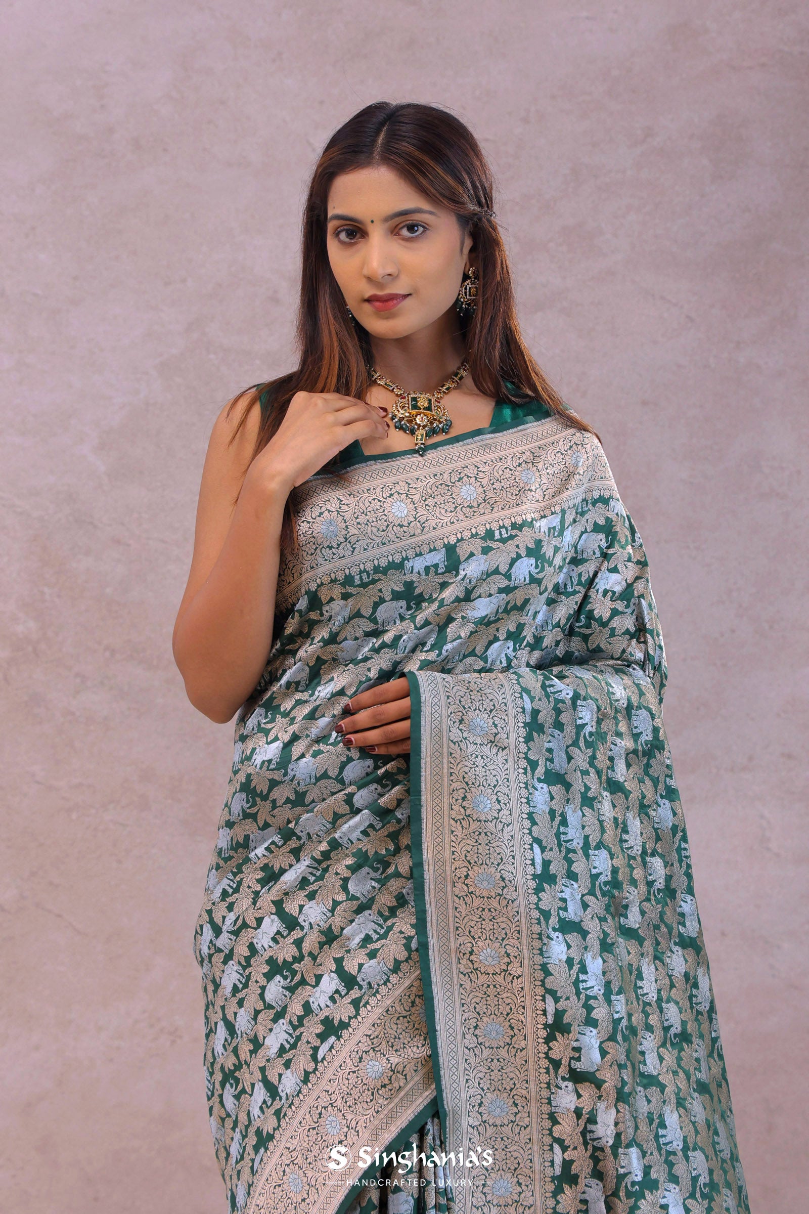 Bottle Green Banarasi Silk Saree With Elephant And Leaf Motifs