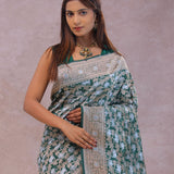 Bottle Green Banarasi Silk Saree With Elephant And Leaf Motifs