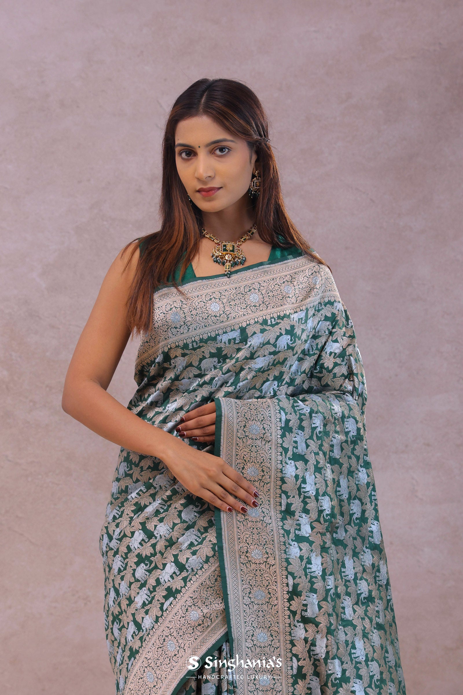 Bottle Green Banarasi Silk Saree With Elephant And Leaf Motifs