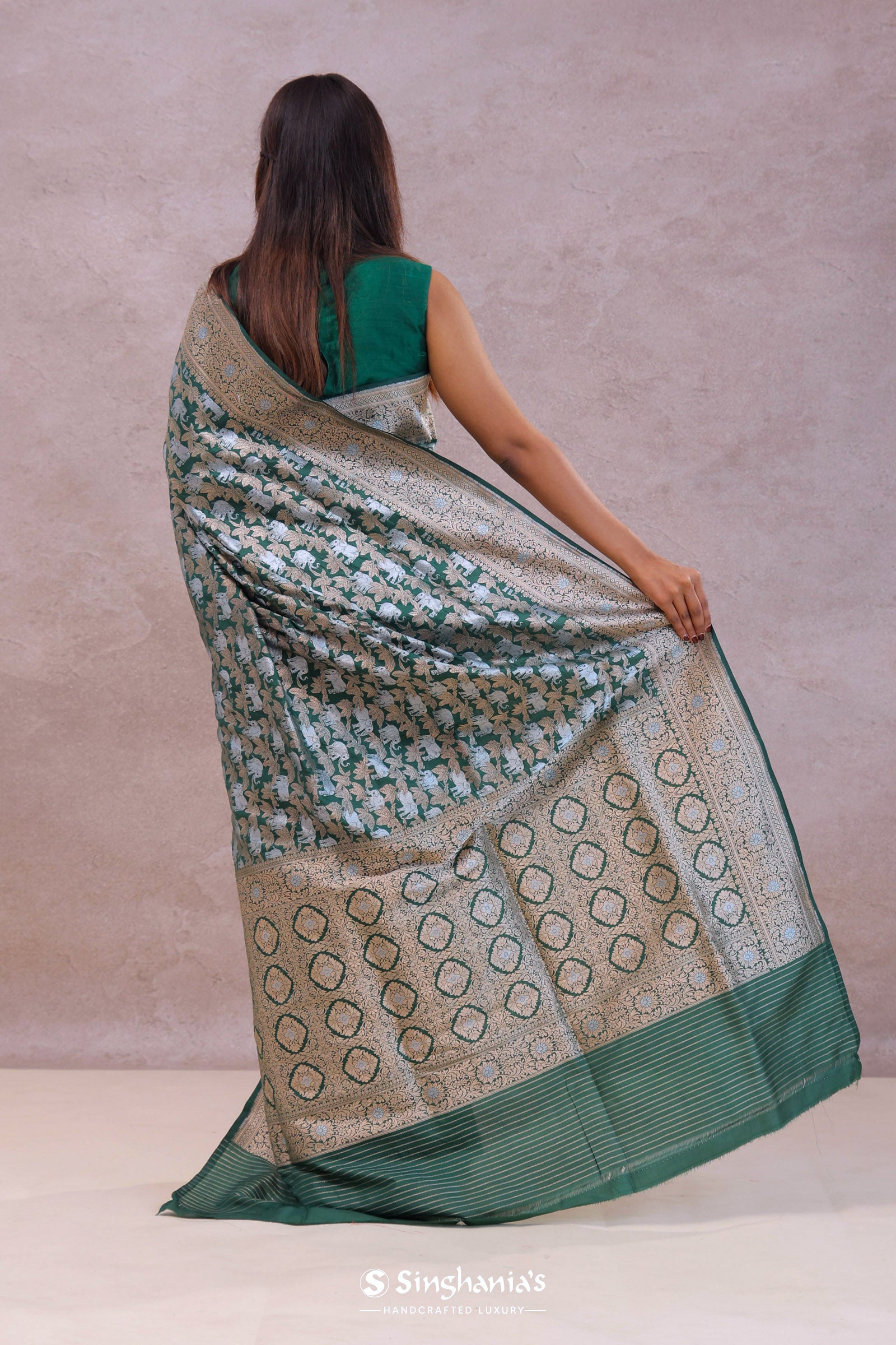 Bottle Green Banarasi Silk Saree With Elephant And Leaf Motifs
