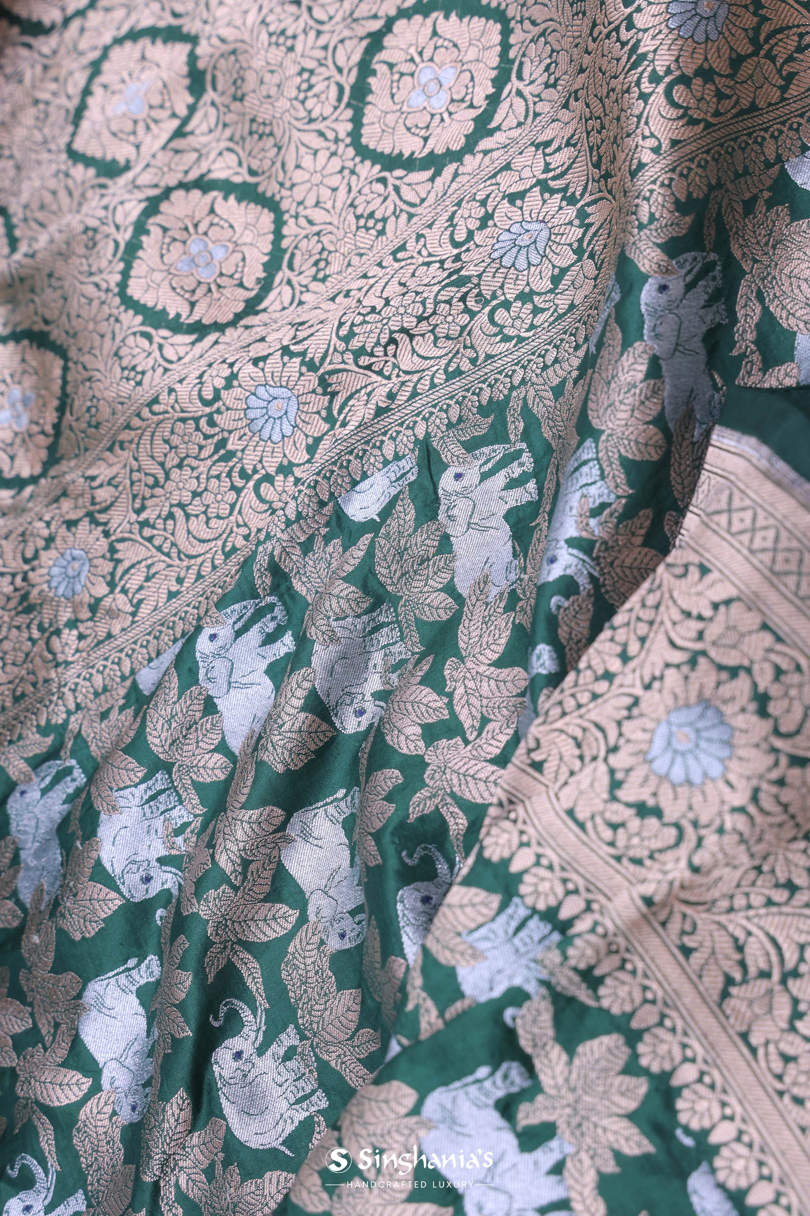 Bottle Green Banarasi Silk Saree With Elephant And Leaf Motifs