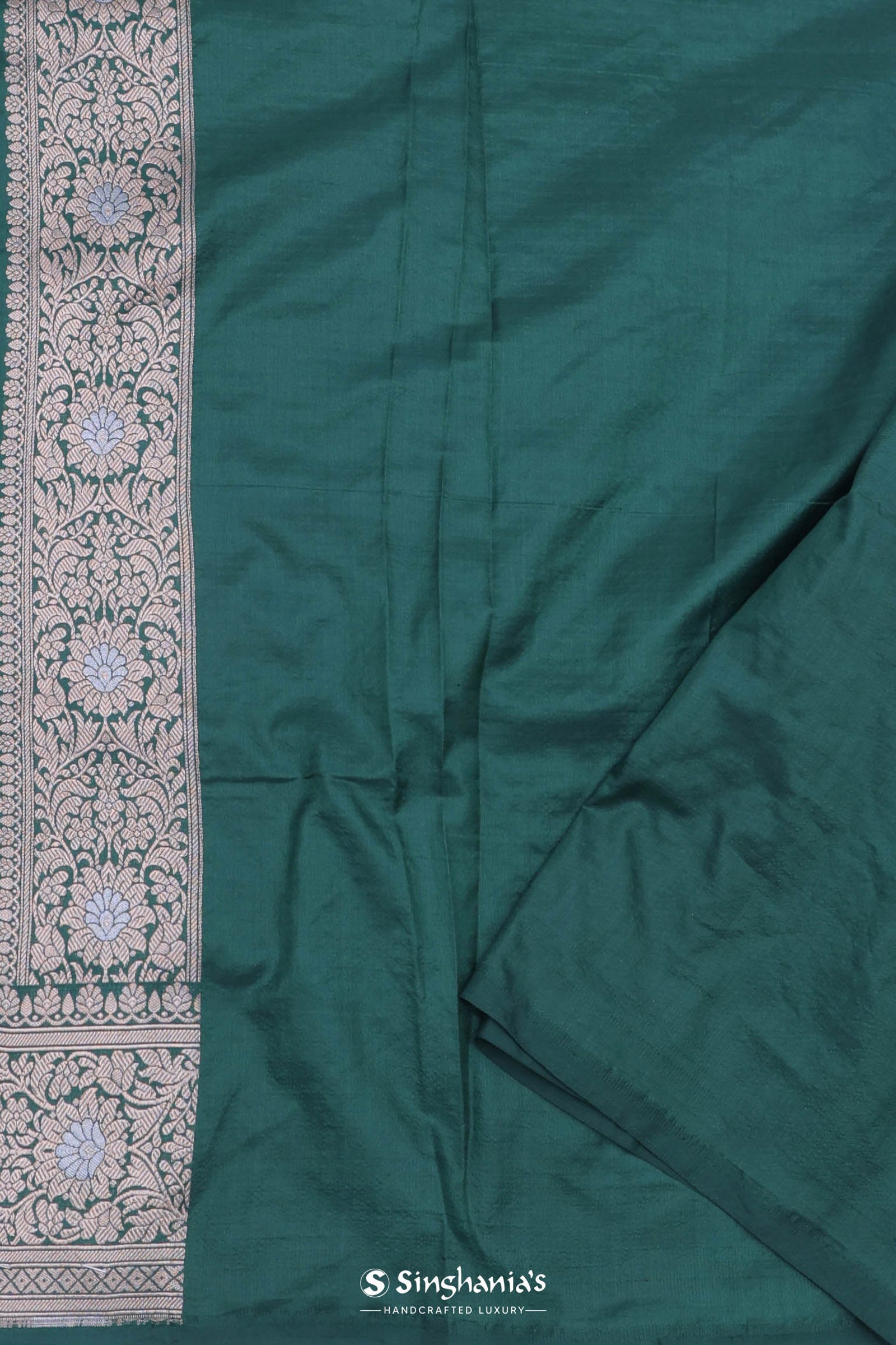 Bottle Green Banarasi Silk Saree With Elephant And Leaf Motifs