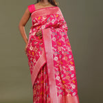 Hot Pink Banarasi Saree With Floral Jaal And Shikargah Design