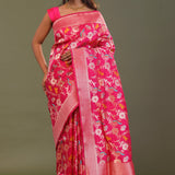 Hot Pink Banarasi Saree With Floral Jaal And Shikargah Design