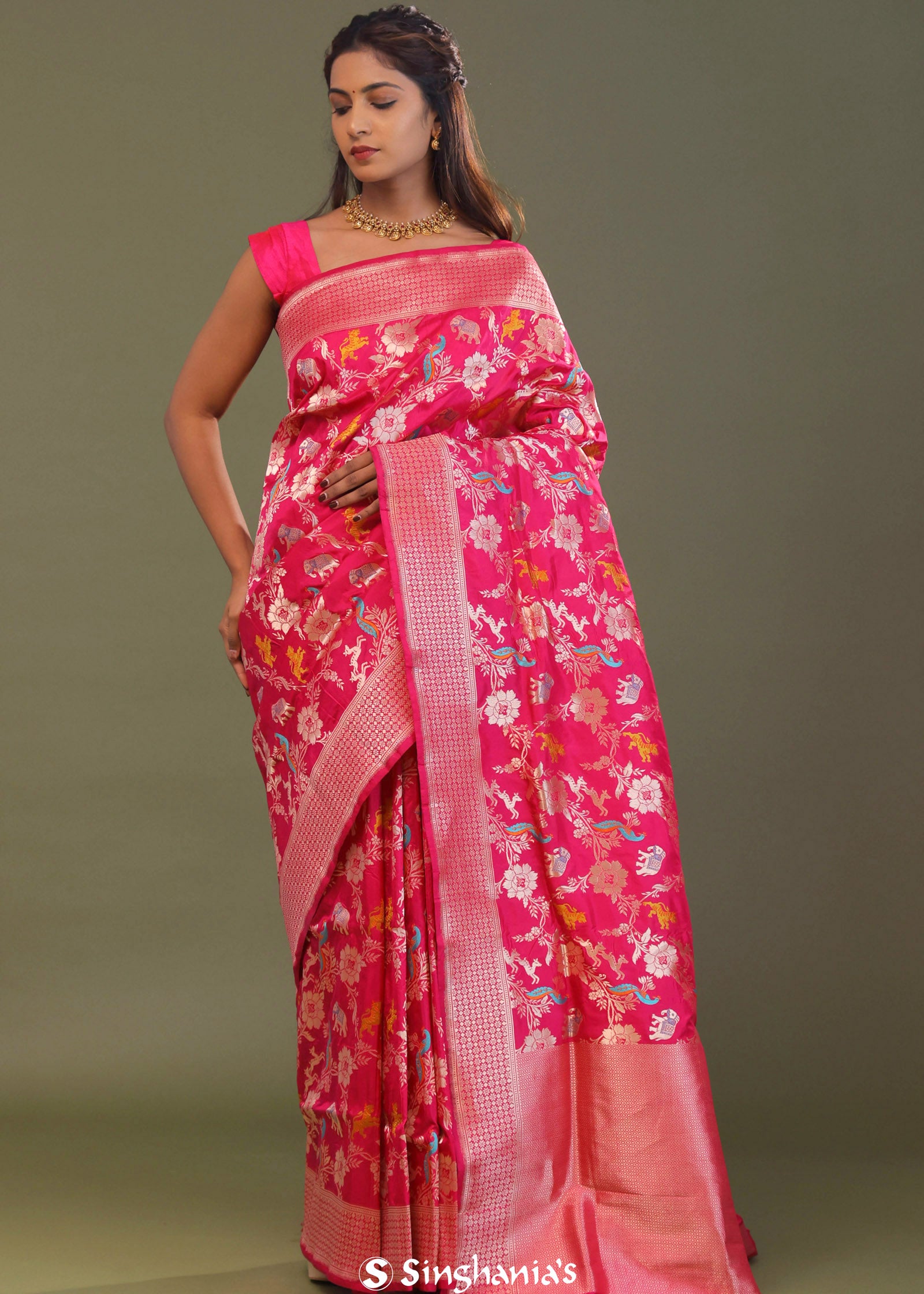 Hot Pink Banarasi Saree With Floral Jaal And Shikargah Design