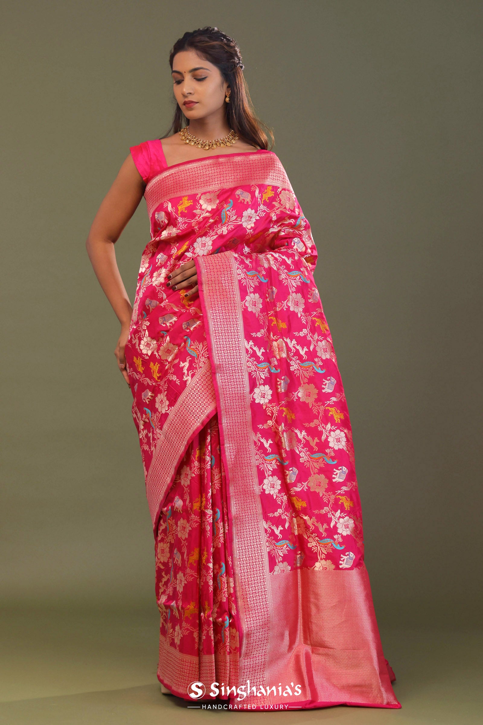 Hot Pink Banarasi Saree With Floral Jaal And Shikargah Design