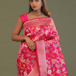 Hot Pink Banarasi Saree With Floral Jaal And Shikargah Design