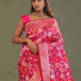 Hot Pink Banarasi Saree With Floral Jaal And Shikargah Design