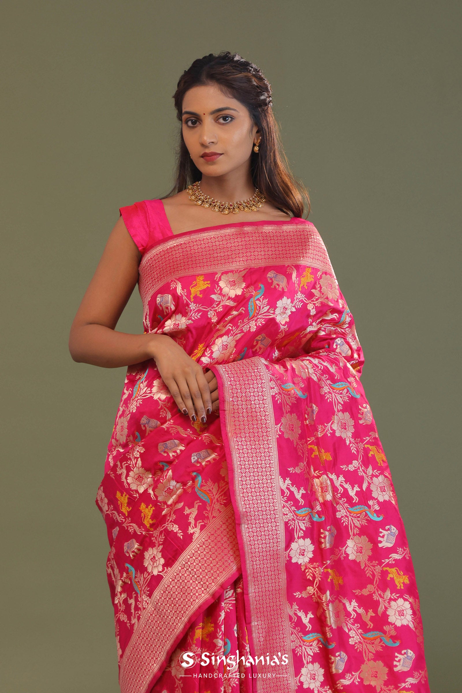 Hot Pink Banarasi Saree With Floral Jaal And Shikargah Design