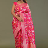 Hot Pink Banarasi Saree With Floral Jaal And Shikargah Design