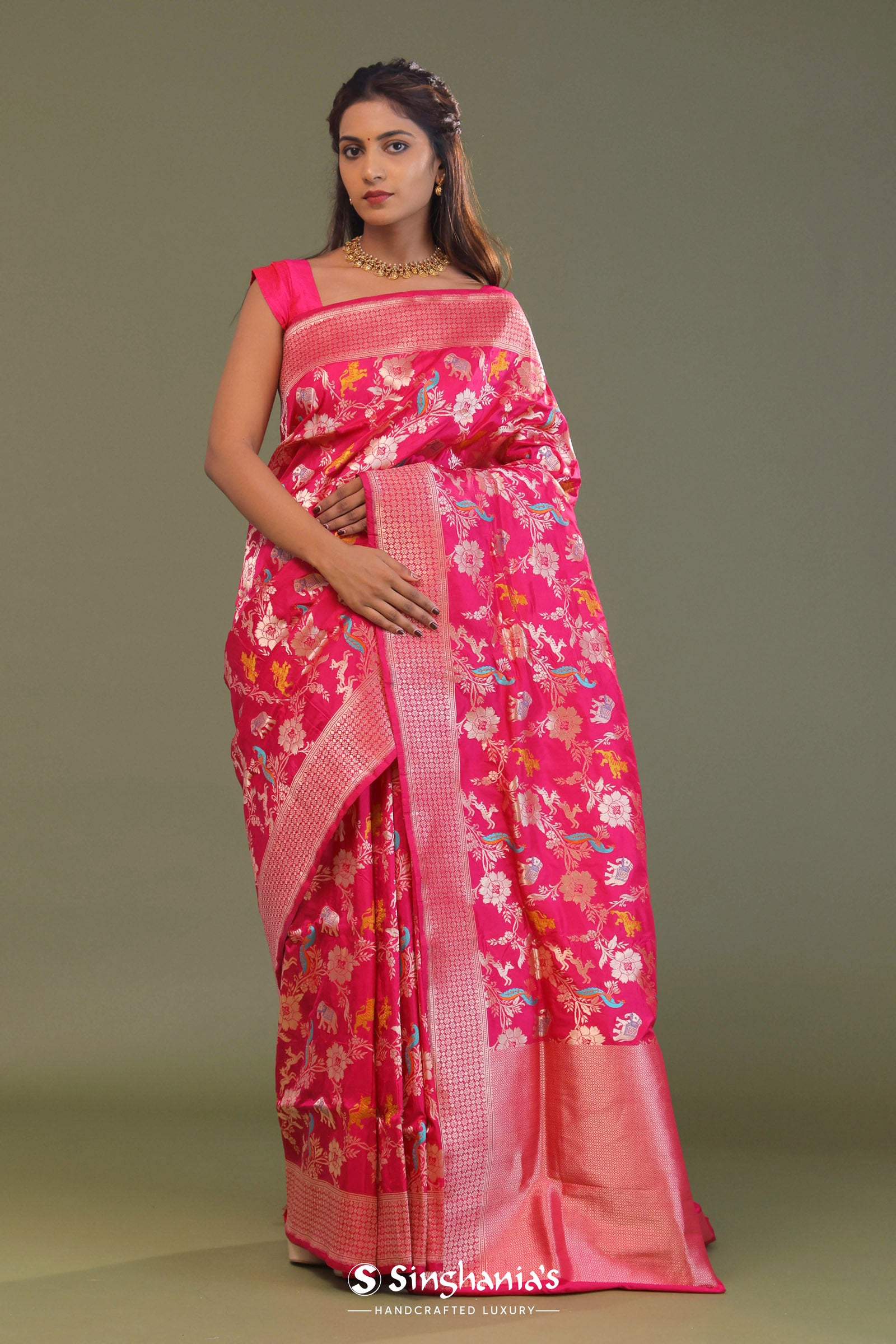 Hot Pink Banarasi Saree With Floral Jaal And Shikargah Design
