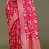 Hot Pink Banarasi Saree With Floral Jaal And Shikargah Design