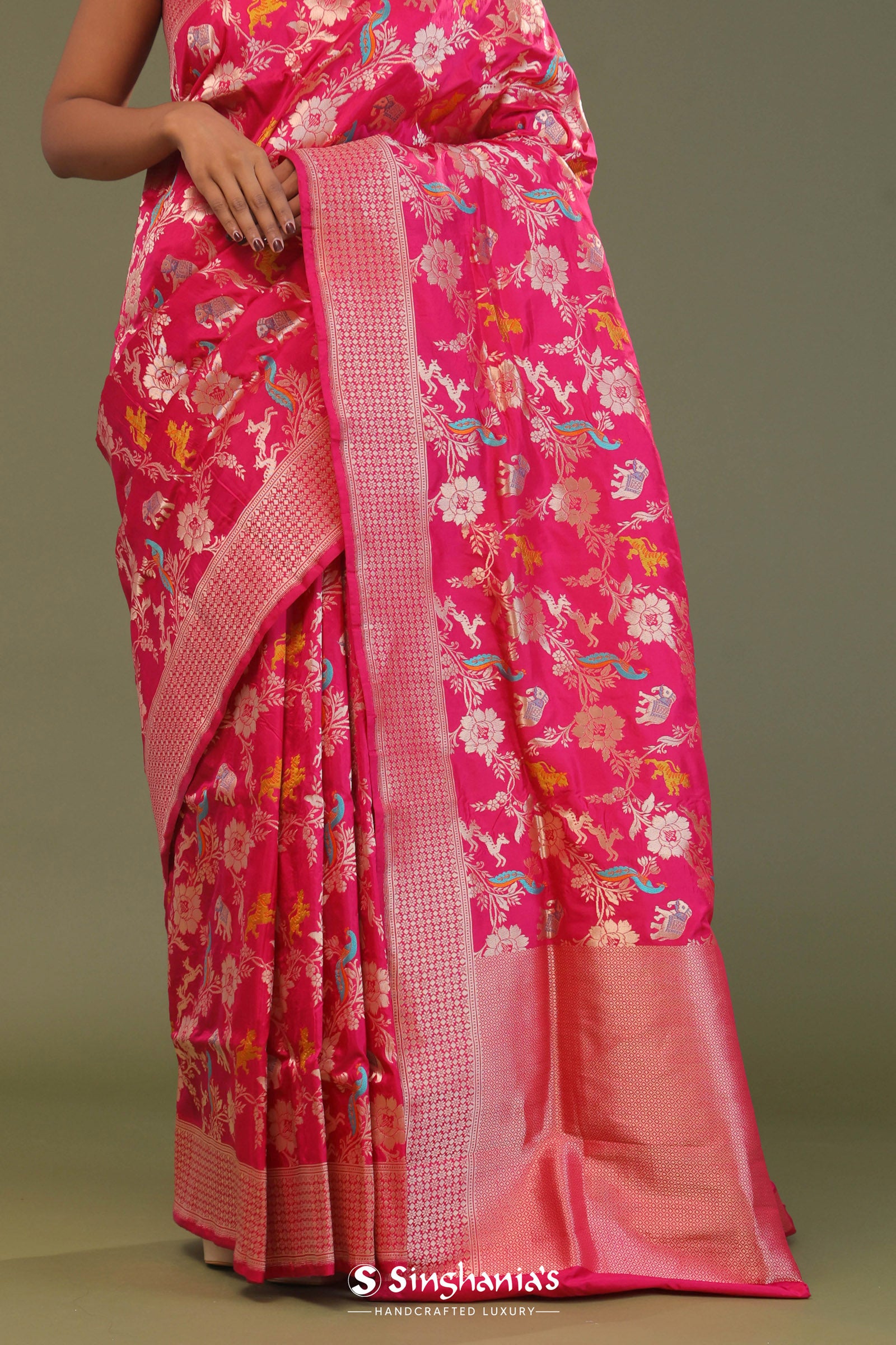 Hot Pink Banarasi Saree With Floral Jaal And Shikargah Design