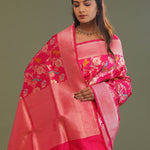 Hot Pink Banarasi Saree With Floral Jaal And Shikargah Design