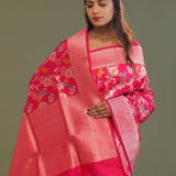 Hot Pink Banarasi Saree With Floral Jaal And Shikargah Design