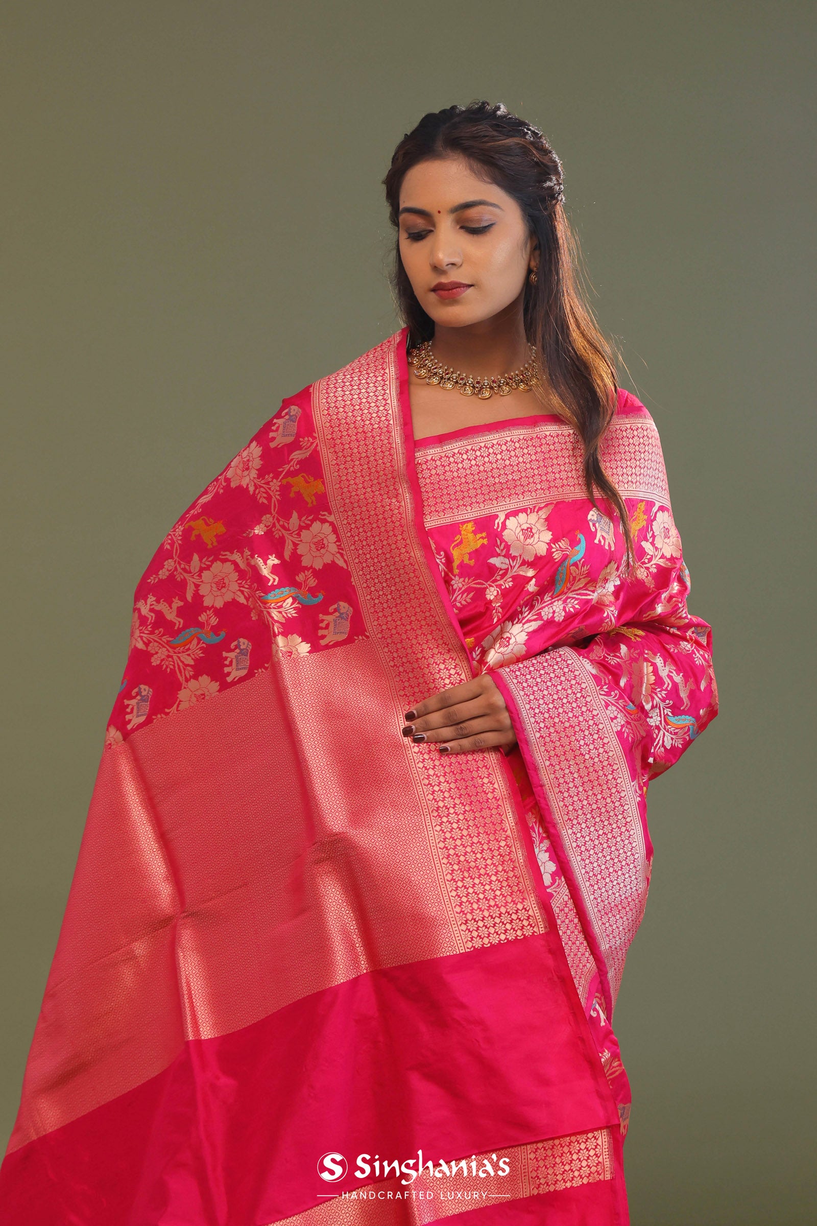 Hot Pink Banarasi Saree With Floral Jaal And Shikargah Design