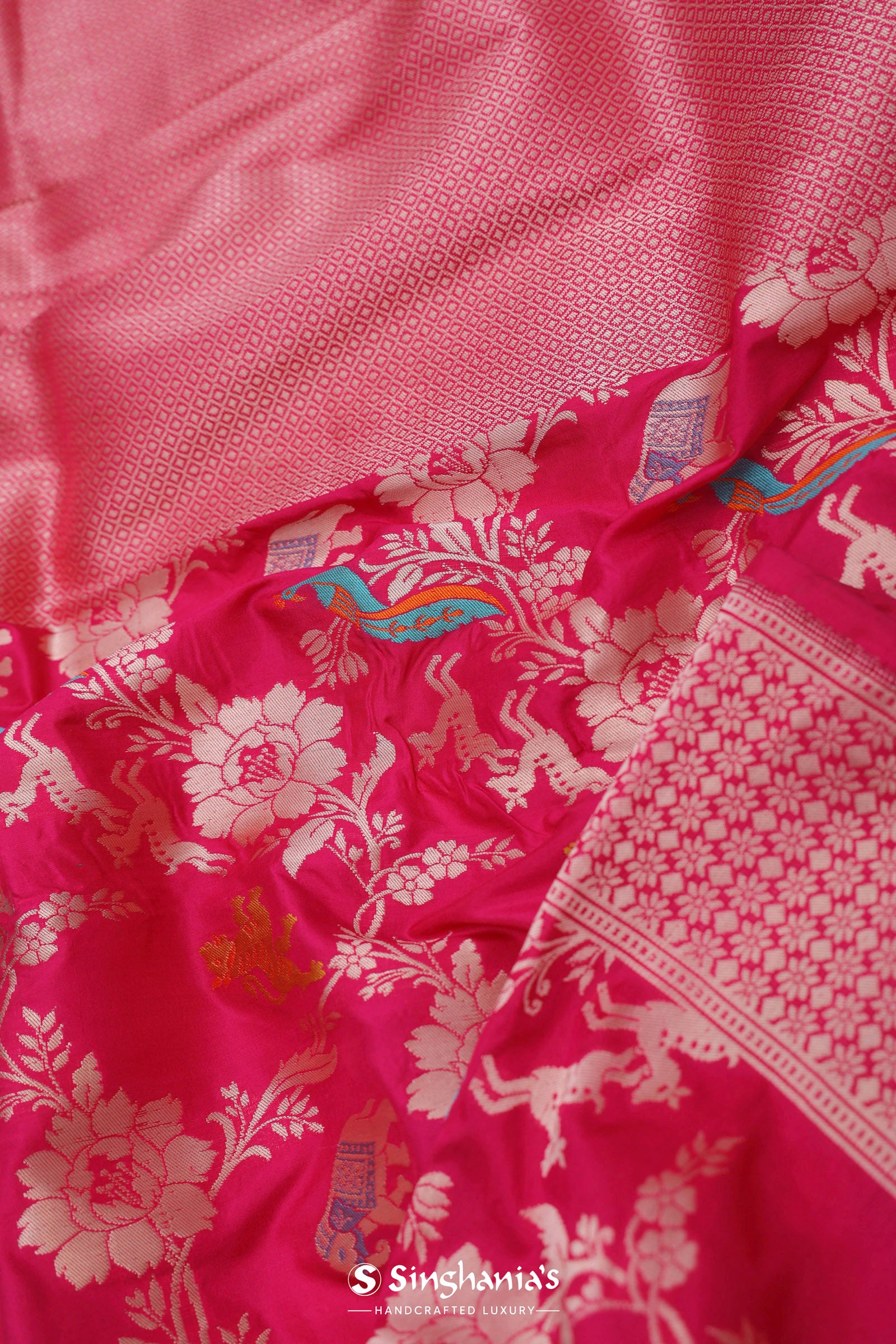 Hot Pink Banarasi Saree With Floral Jaal And Shikargah Design