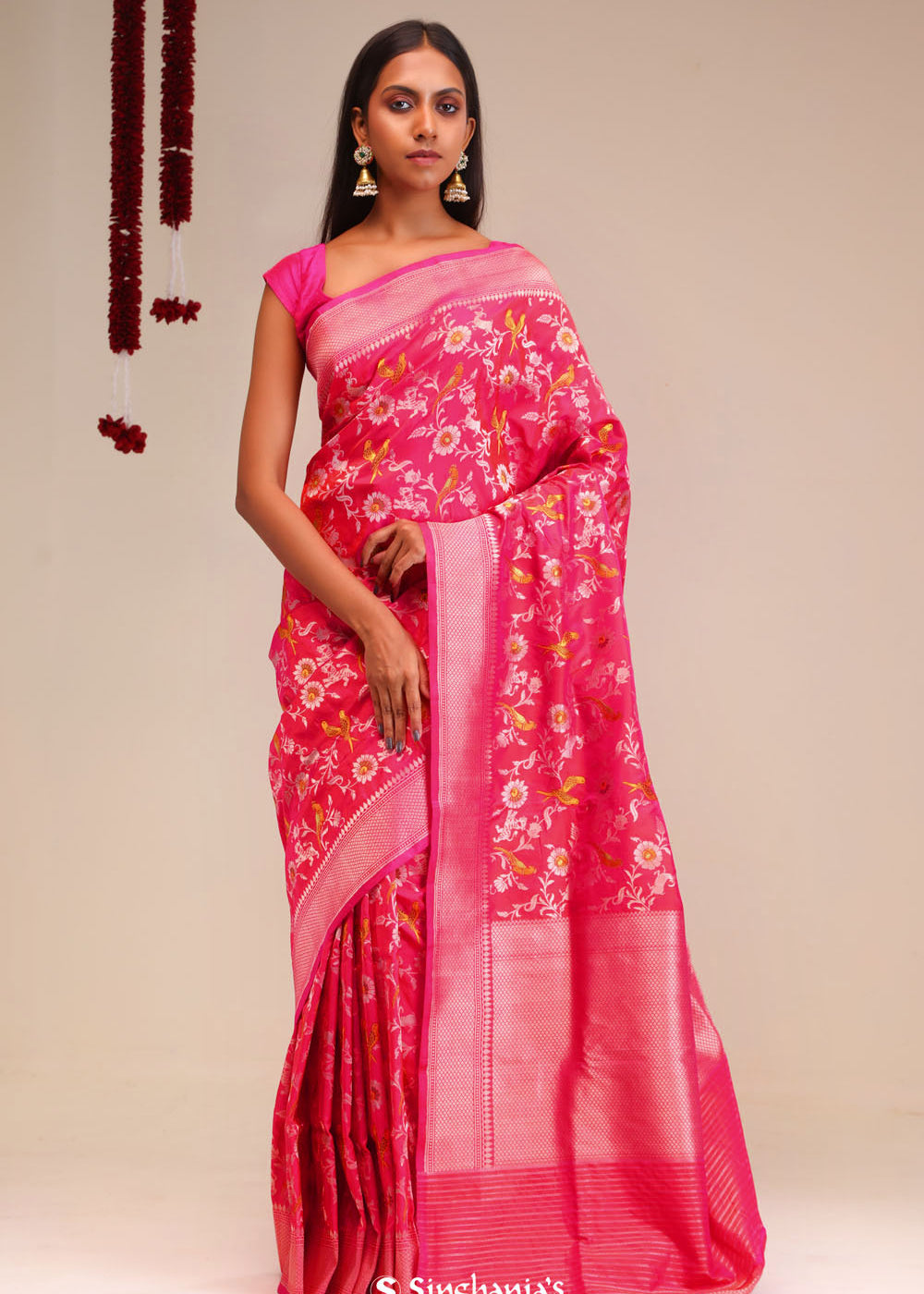 Jangla Banarasi Silk Saree In Punch Pink