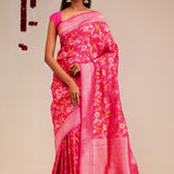 Jangla Banarasi Silk Saree In Punch Pink