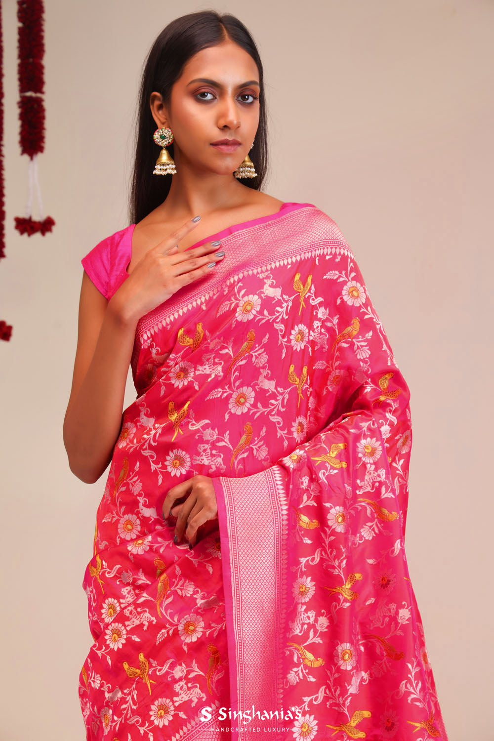 Jangla Banarasi Silk Saree In Punch Pink