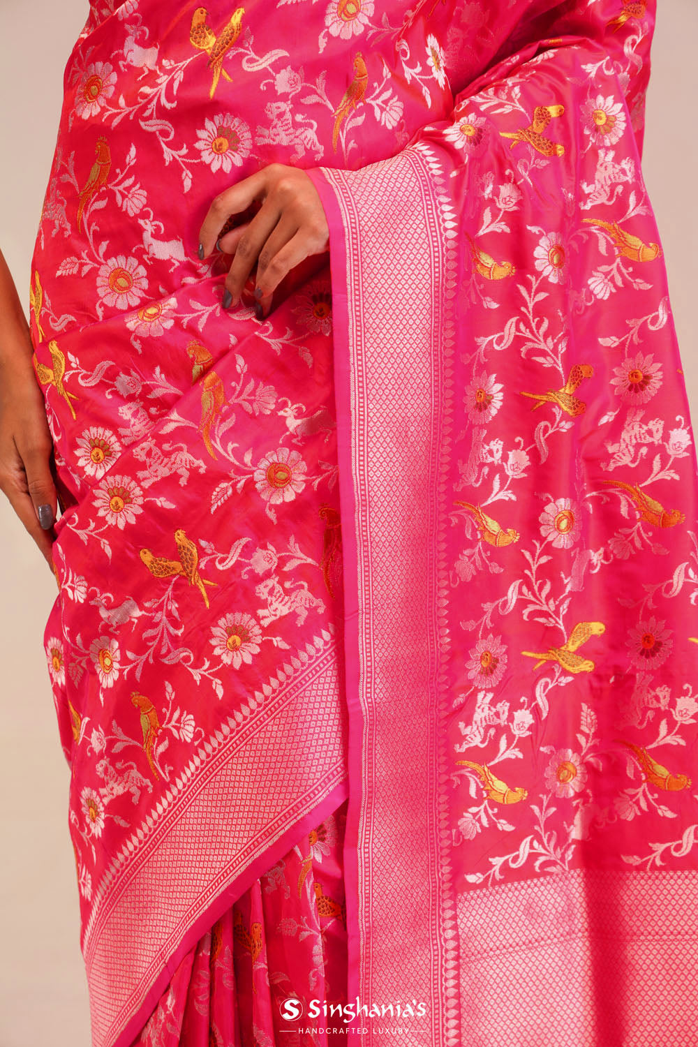 Jangla Banarasi Silk Saree In Punch Pink