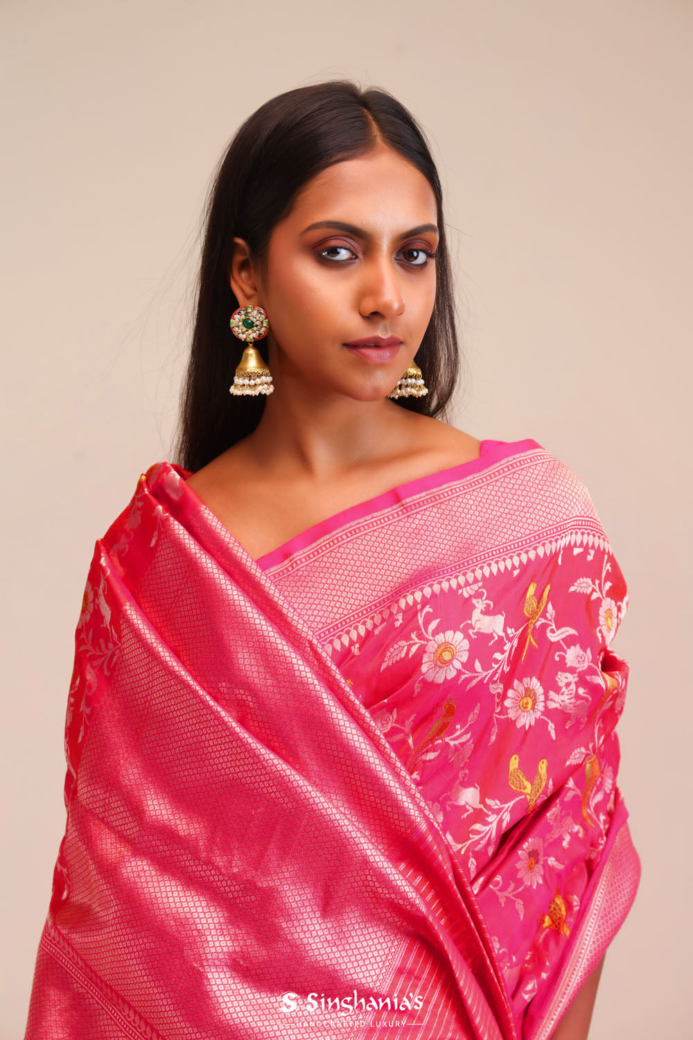Jangla Banarasi Silk Saree In Punch Pink