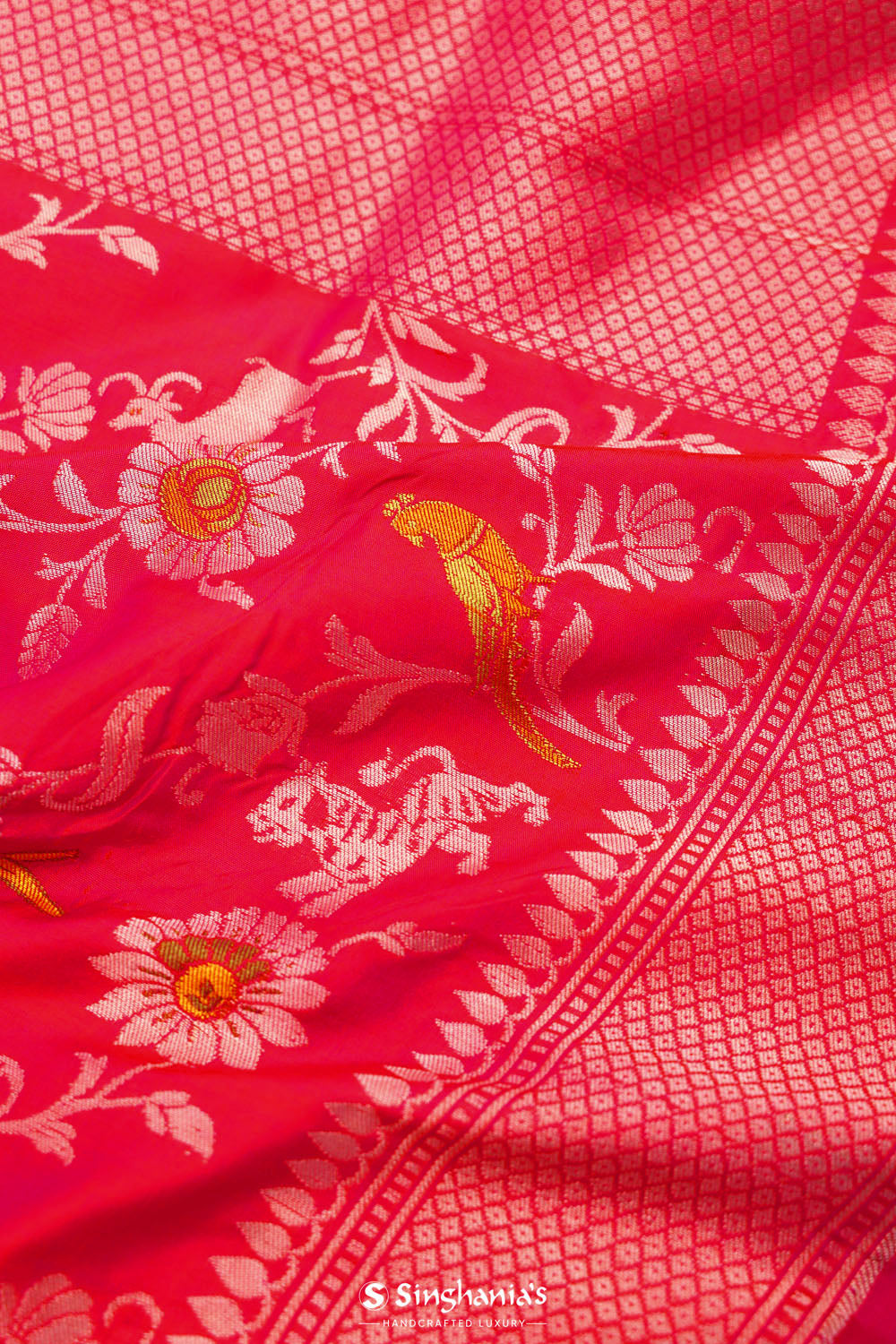 Jangla Banarasi Silk Saree In Punch Pink