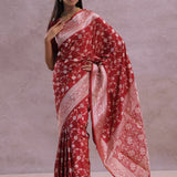 Apple Red Banarasi Silk Saree With Gold Zari Border