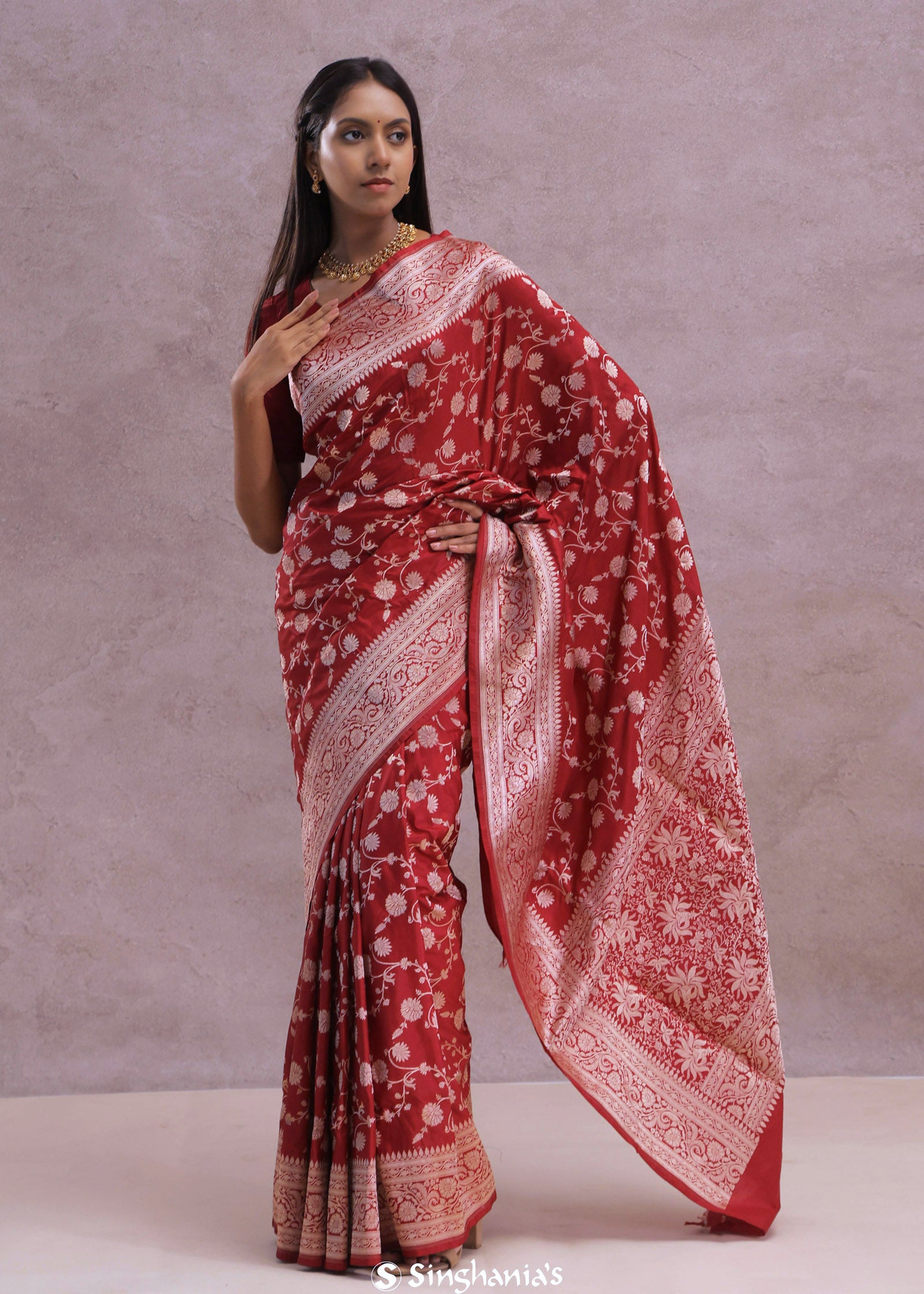 Apple Red Banarasi Silk Saree With Gold Zari Border