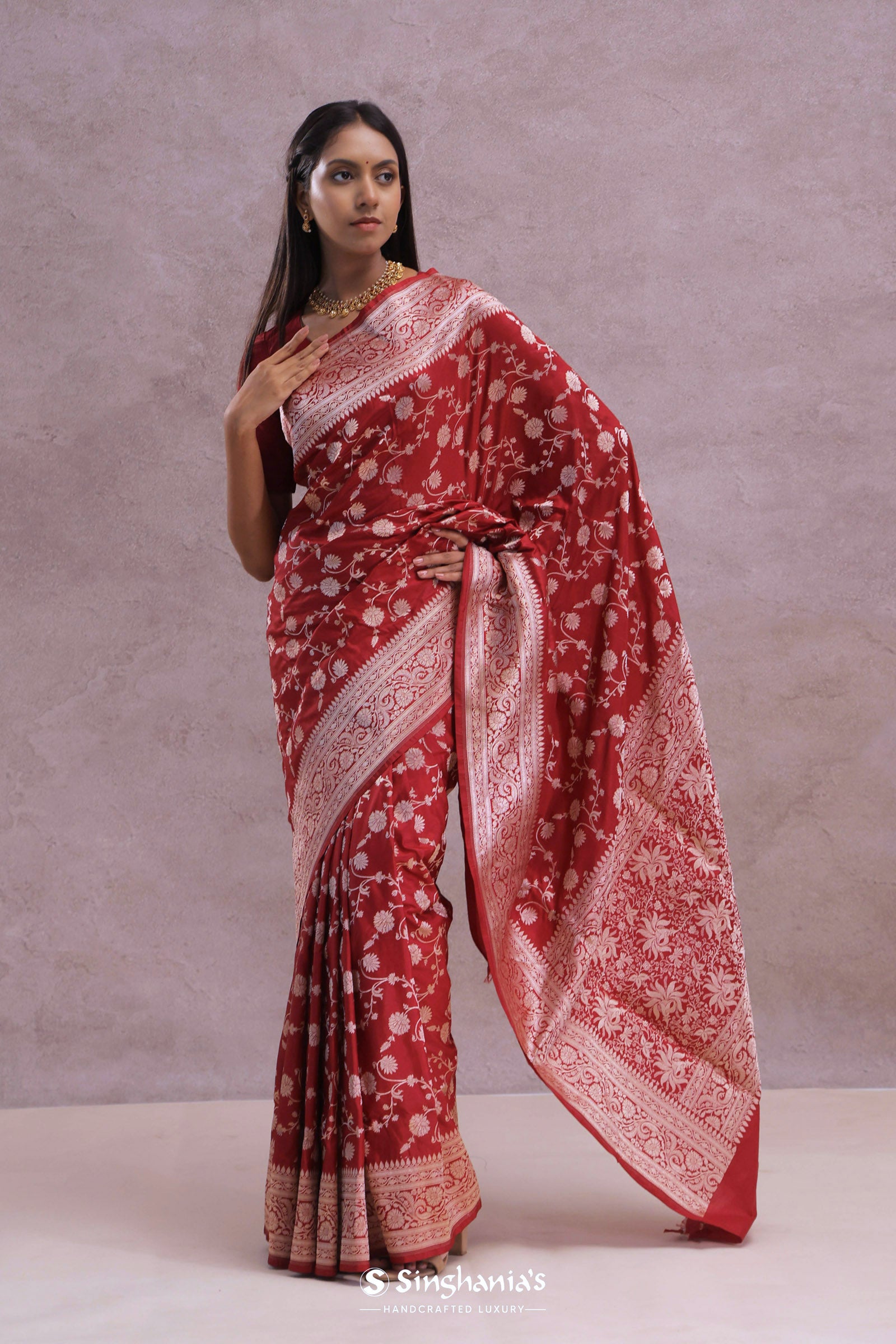 Apple Red Banarasi Silk Saree With Gold Zari Border
