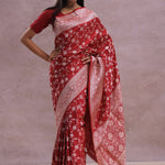 Apple Red Banarasi Silk Saree With Gold Zari Border