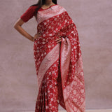 Apple Red Banarasi Silk Saree With Gold Zari Border