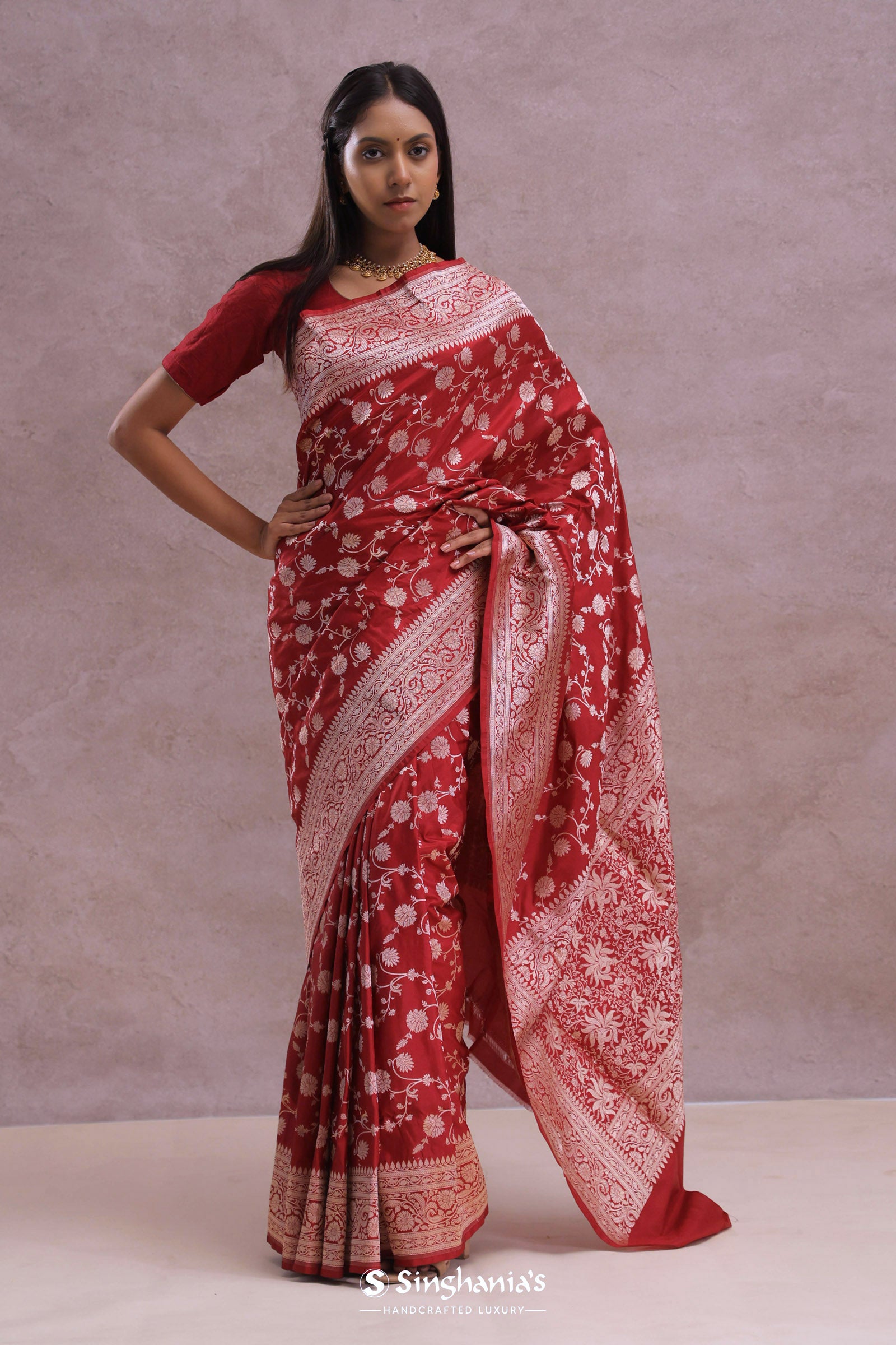 Apple Red Banarasi Silk Saree With Gold Zari Border