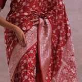 Apple Red Banarasi Silk Saree With Gold Zari Border