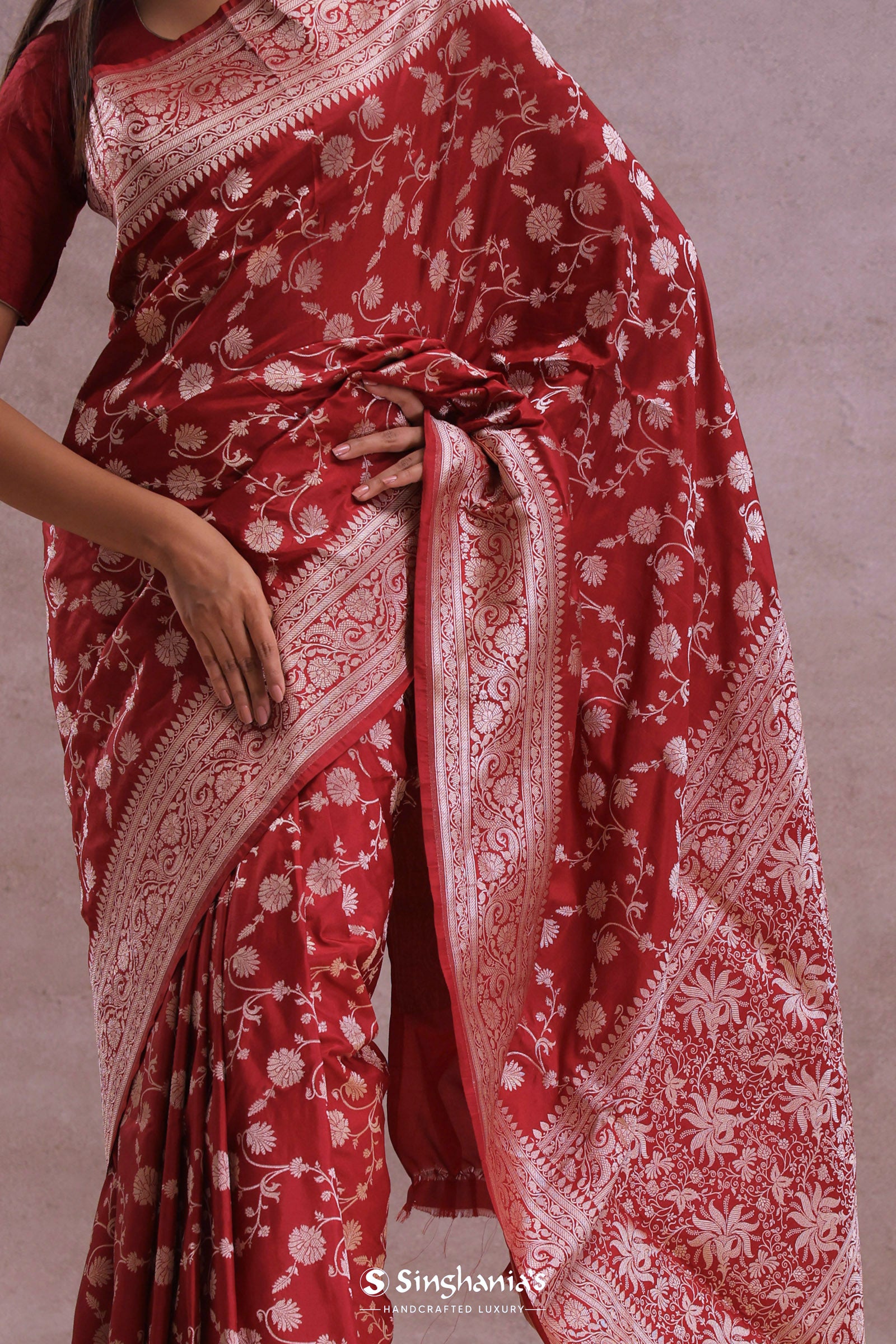 Apple Red Banarasi Silk Saree With Gold Zari Border