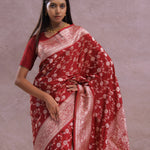 Apple Red Banarasi Silk Saree With Gold Zari Border