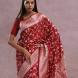 Apple Red Banarasi Silk Saree With Gold Zari Border