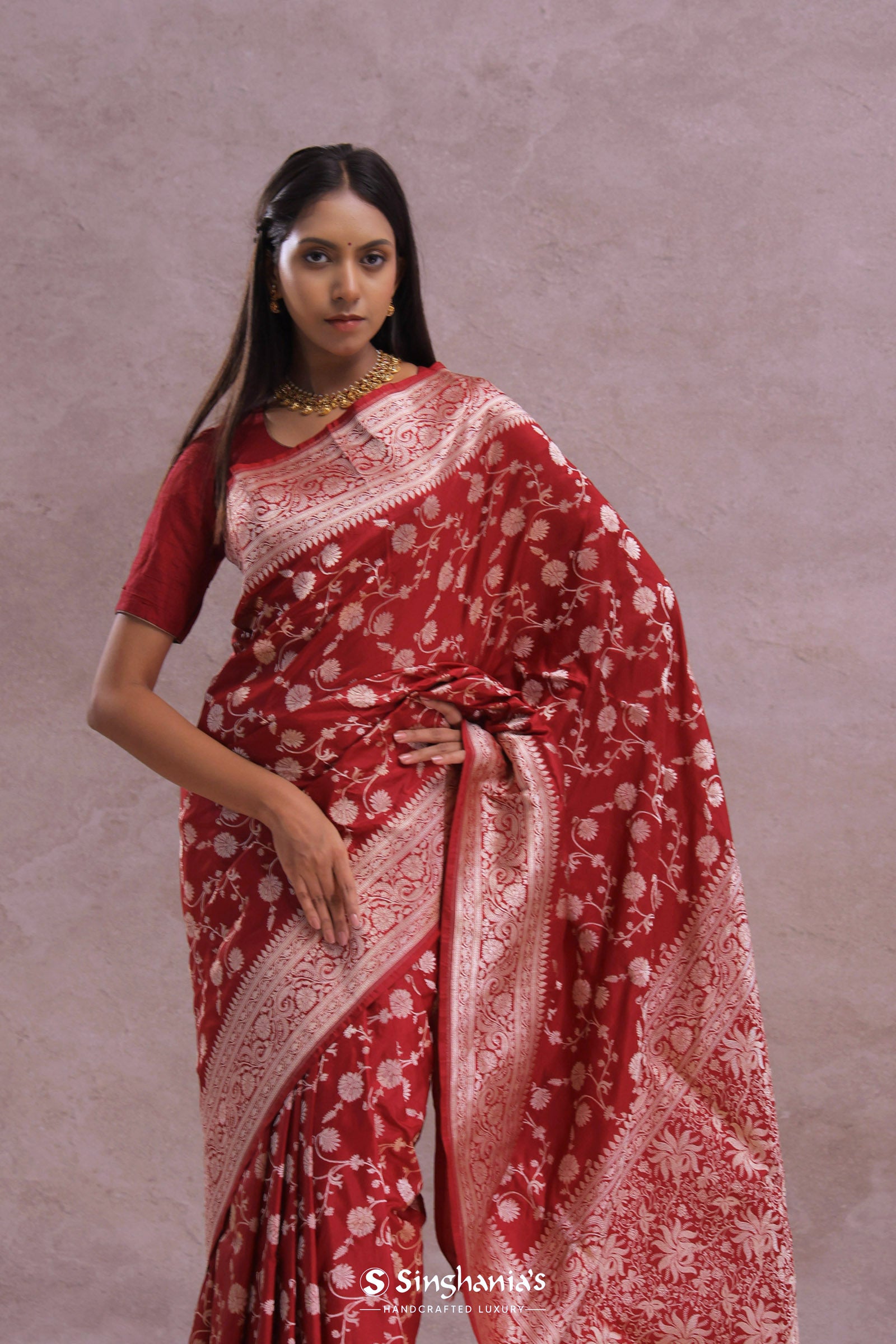 Apple Red Banarasi Silk Saree With Gold Zari Border