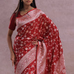 Apple Red Banarasi Silk Saree With Gold Zari Border