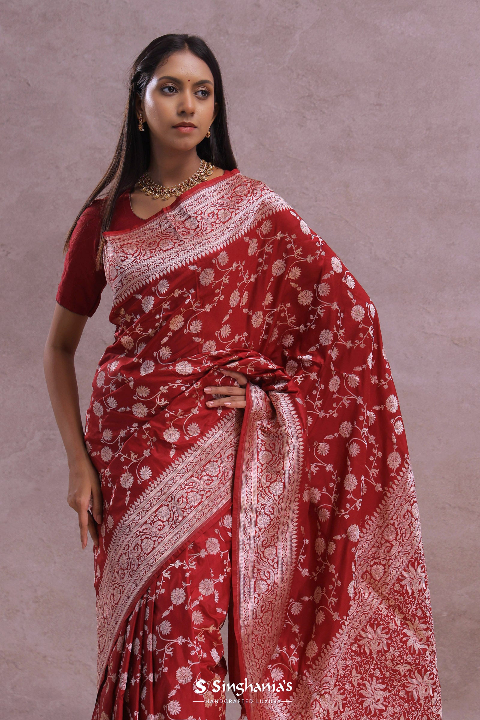 Apple Red Banarasi Silk Saree With Gold Zari Border