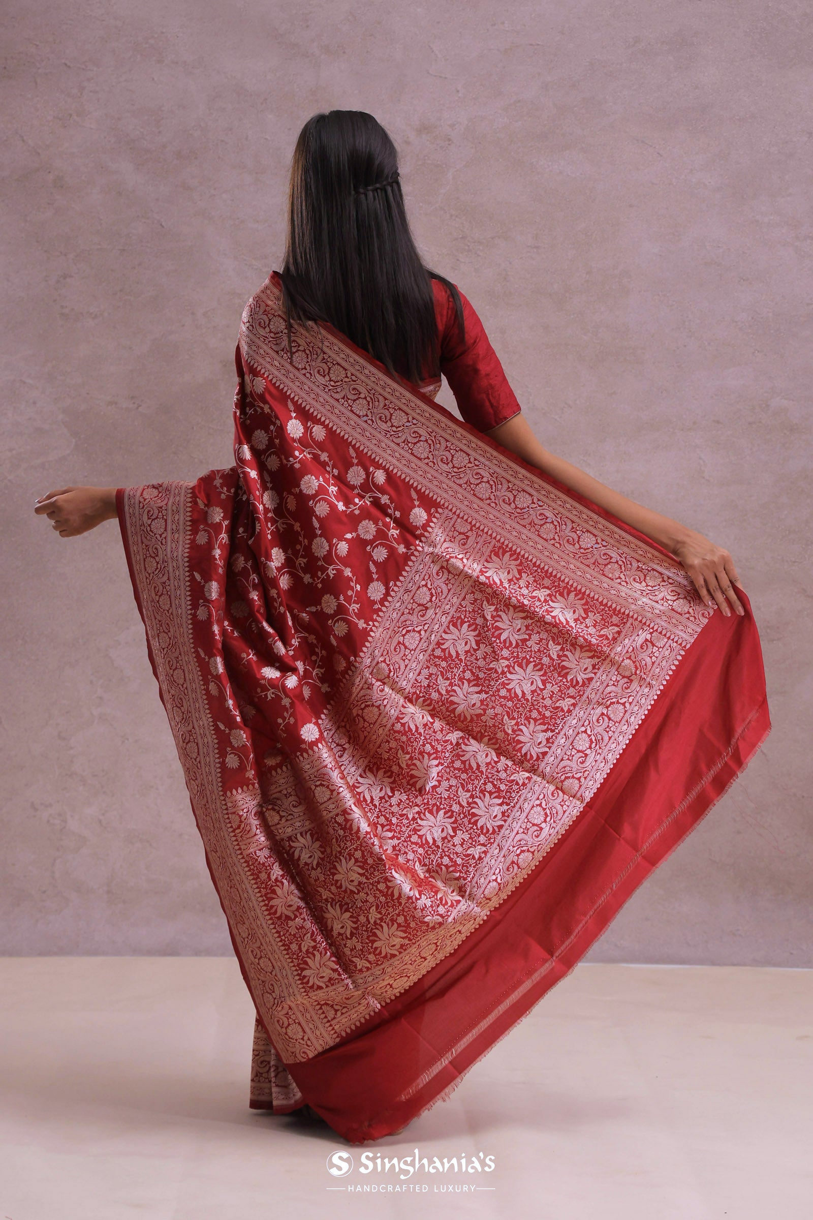 Apple Red Banarasi Silk Saree With Gold Zari Border