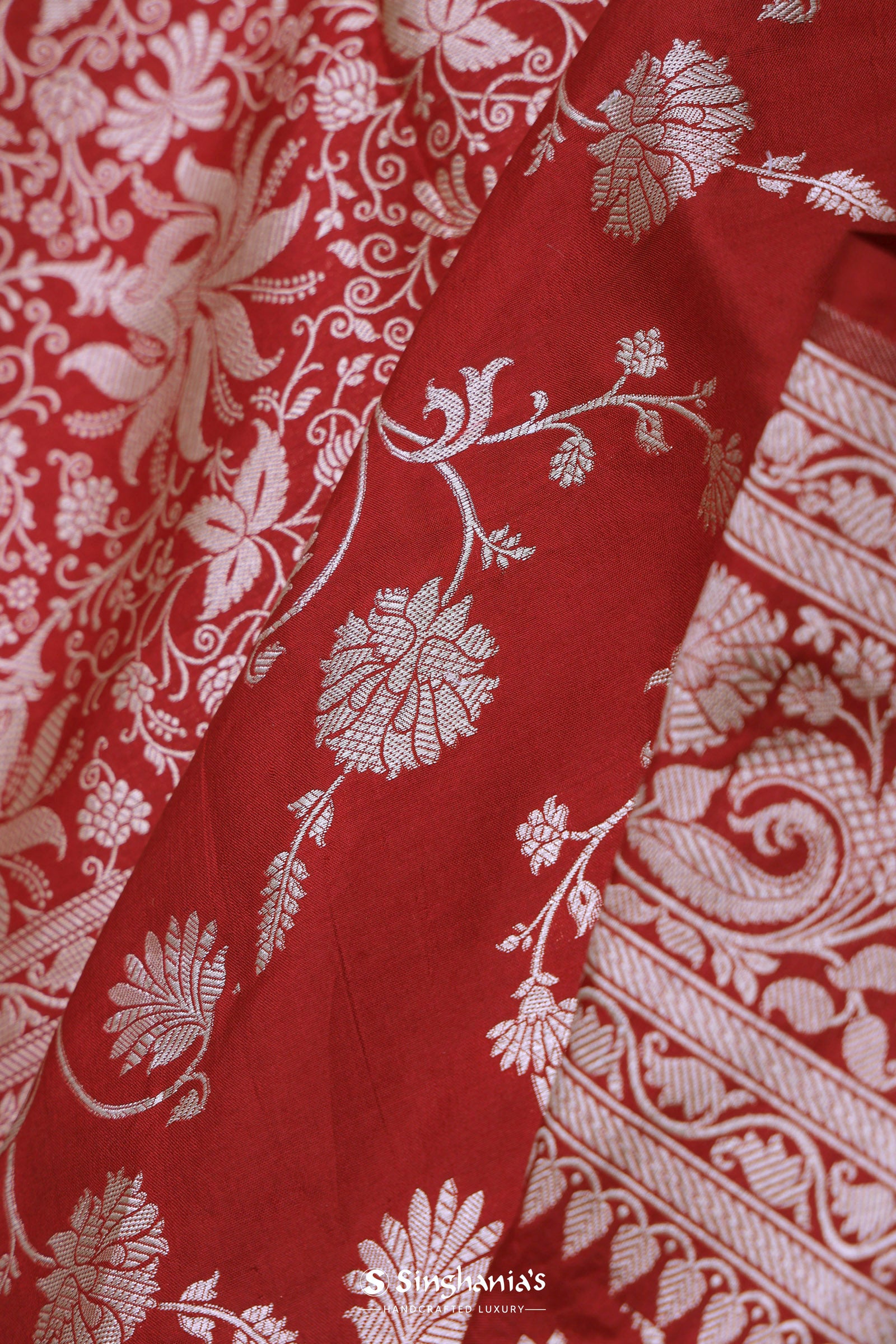 Apple Red Banarasi Silk Saree With Gold Zari Border