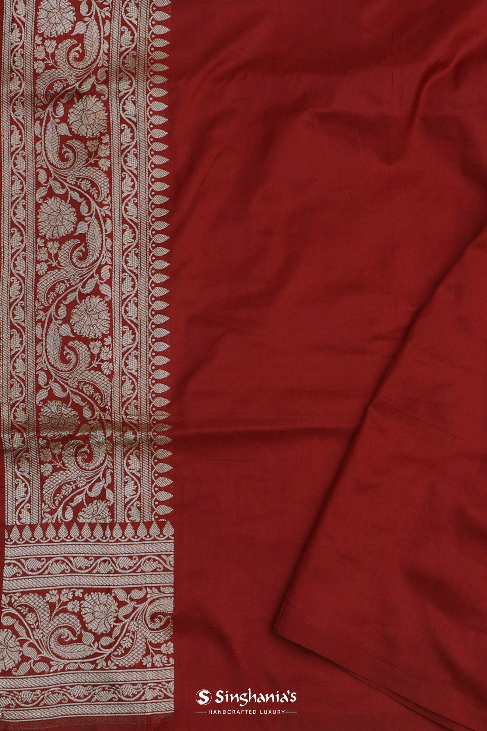 Apple Red Banarasi Silk Saree With Gold Zari Border